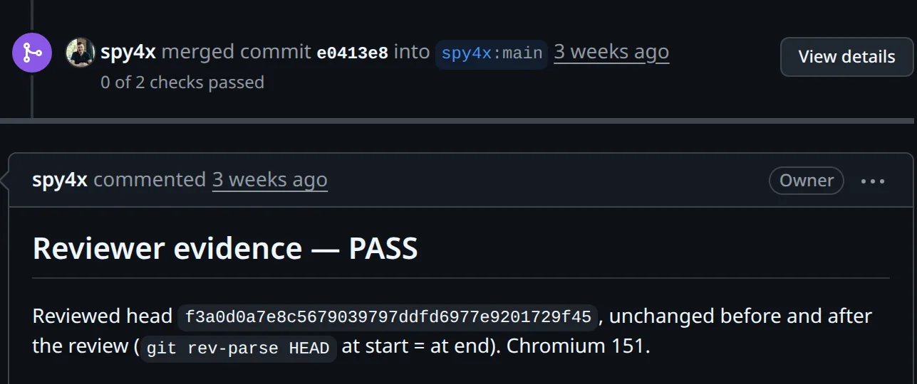 The merge and the review comment, both under my account