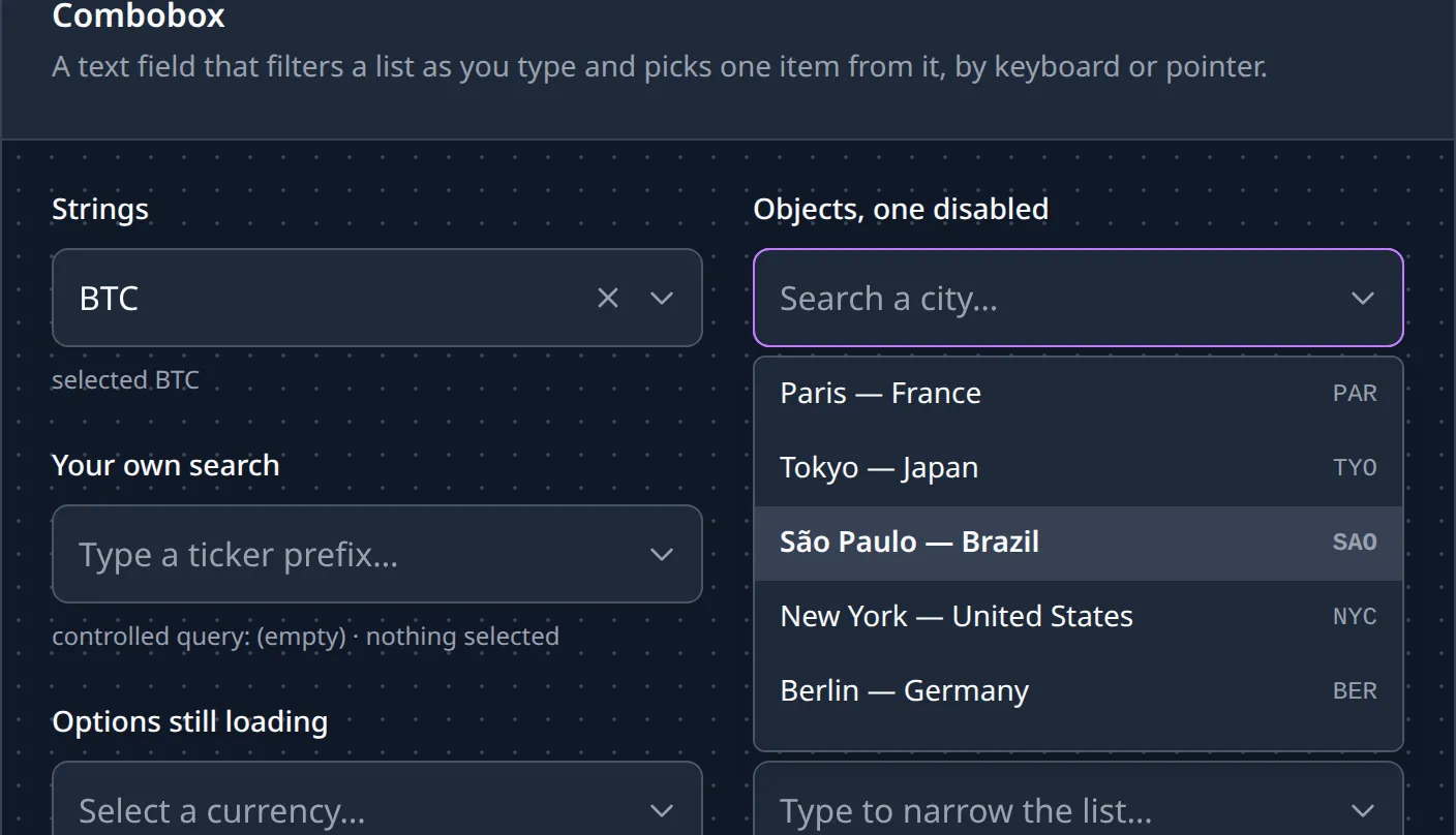 The Combobox card in the live guide: the city field has focus and its list is open, and the arrow keys have highlighted São Paulo