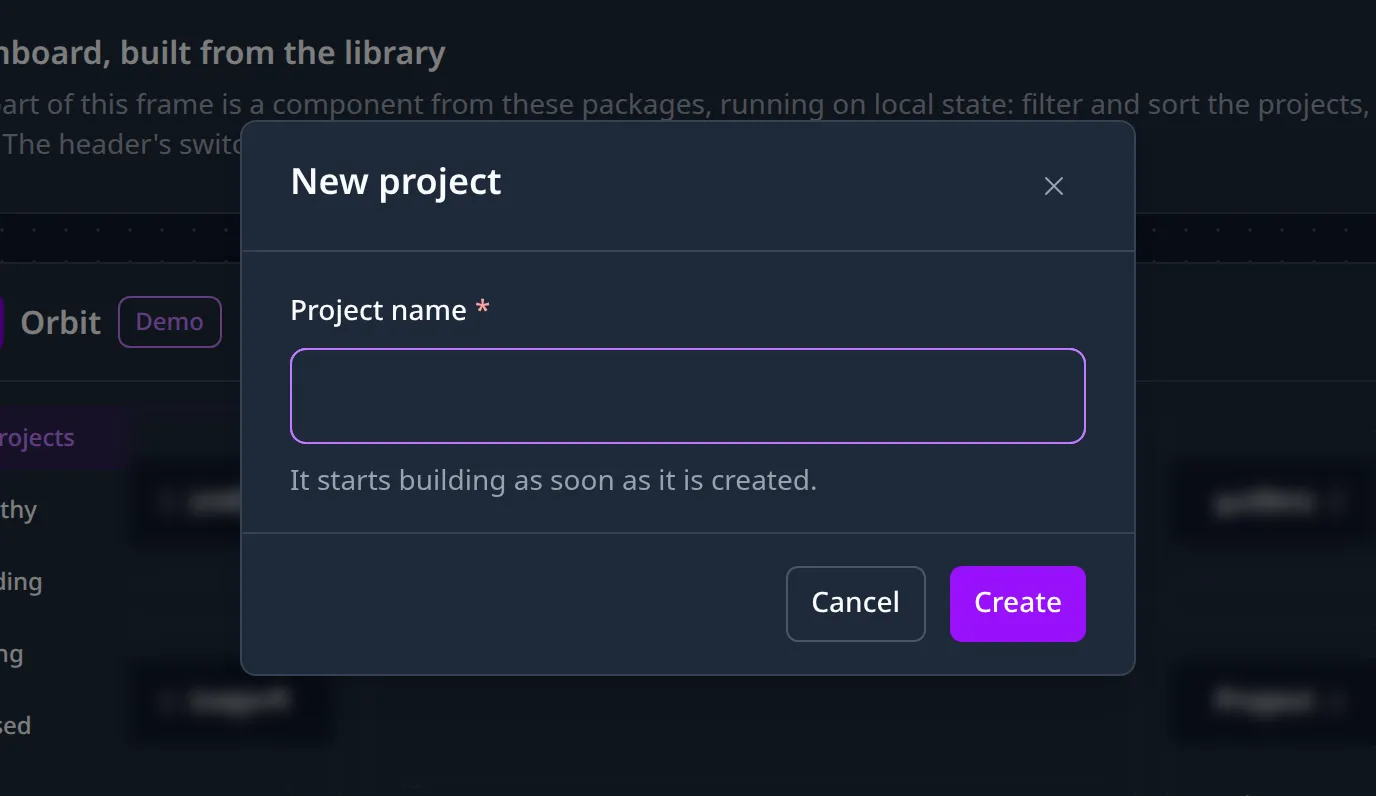 The New project dialog open over the guide's demo dashboard: a Project name field with a focus ring, the hint "It starts building as soon as it is created.", and Cancel and Create buttons