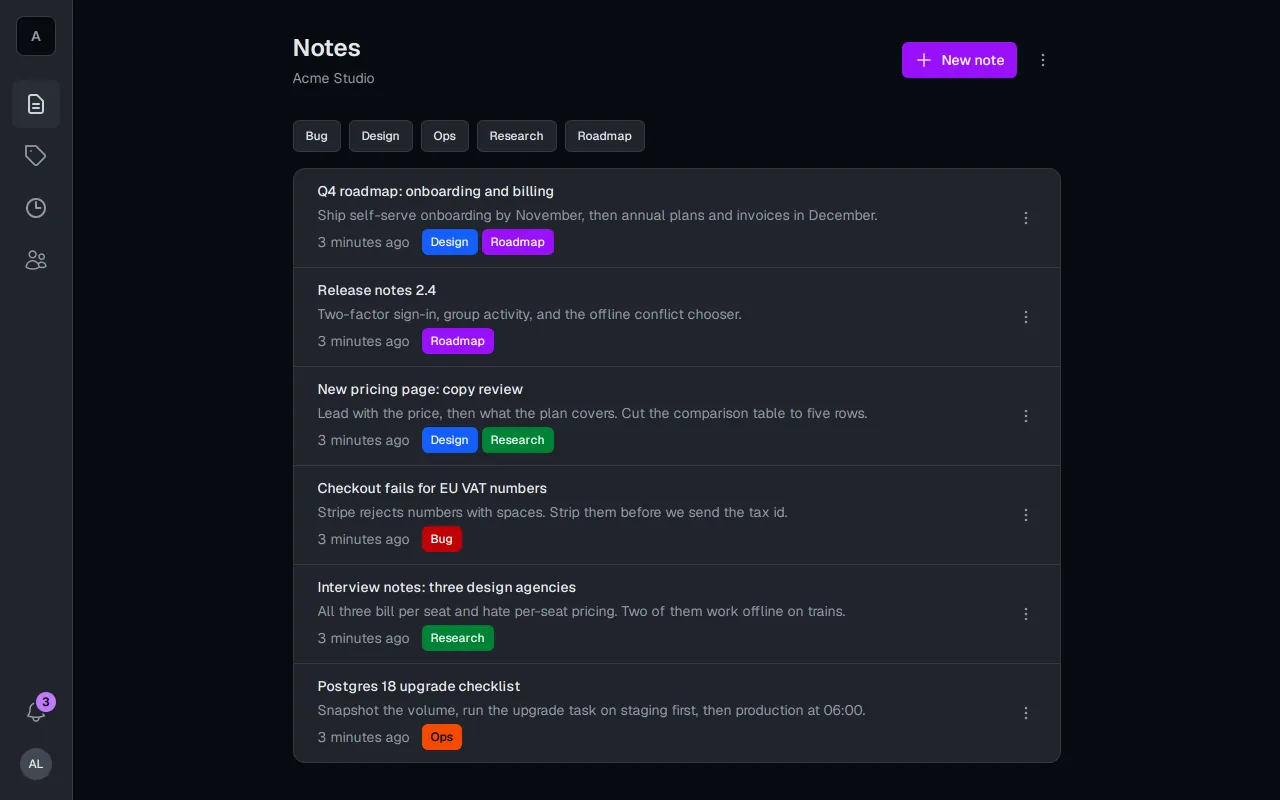 The notes screen of the Seed live demo in the dark theme: a narrow icon rail on the left, the Notes title for the Acme Studio group with a New note button, five tag filters, and six notes with their tags, such as a Q4 roadmap and a checkout bug