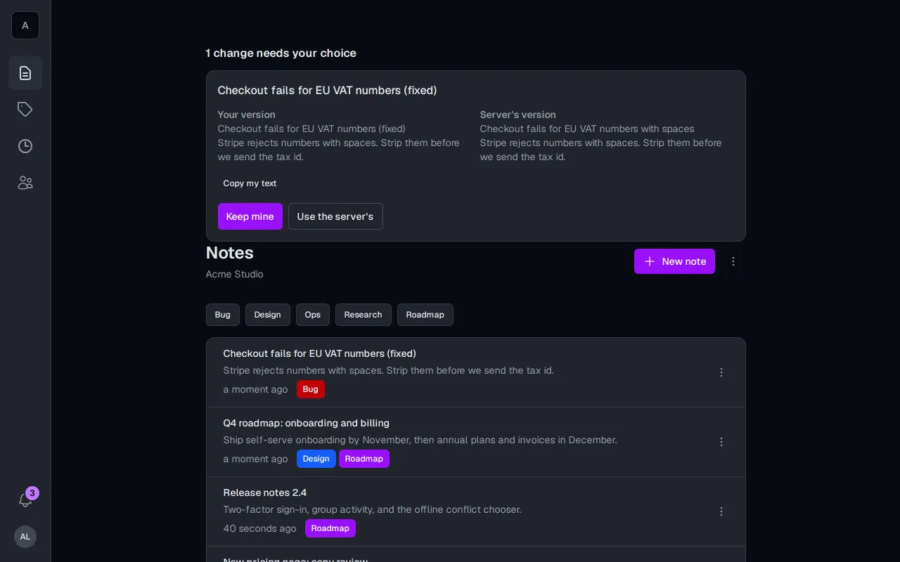 The conflict chooser above the notes list in the dark theme: "1 change needs your choice" for the note "Checkout fails for EU VAT numbers (fixed)", with your version and the server's version side by side, a Copy my text link, and Keep mine and Use the server's buttons