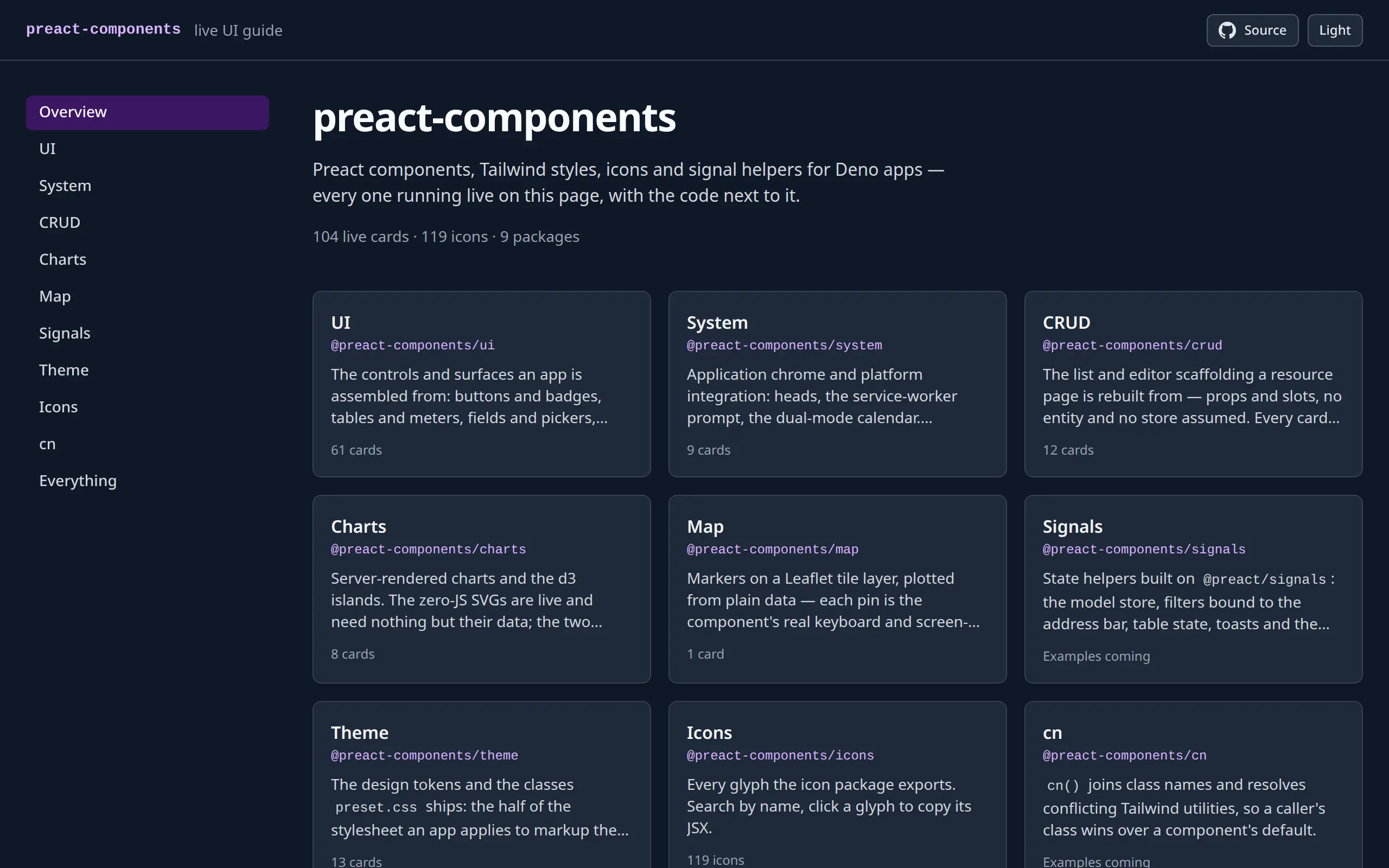 The live UI guide's overview page: a side navigation listing every package, and one card per package — UI, System, CRUD, Charts, Map, Signals, Theme, Icons and cn — each with its import name, a one-line summary and a count of its live cards or icons, or the words Examples coming for a package that has none yet.
