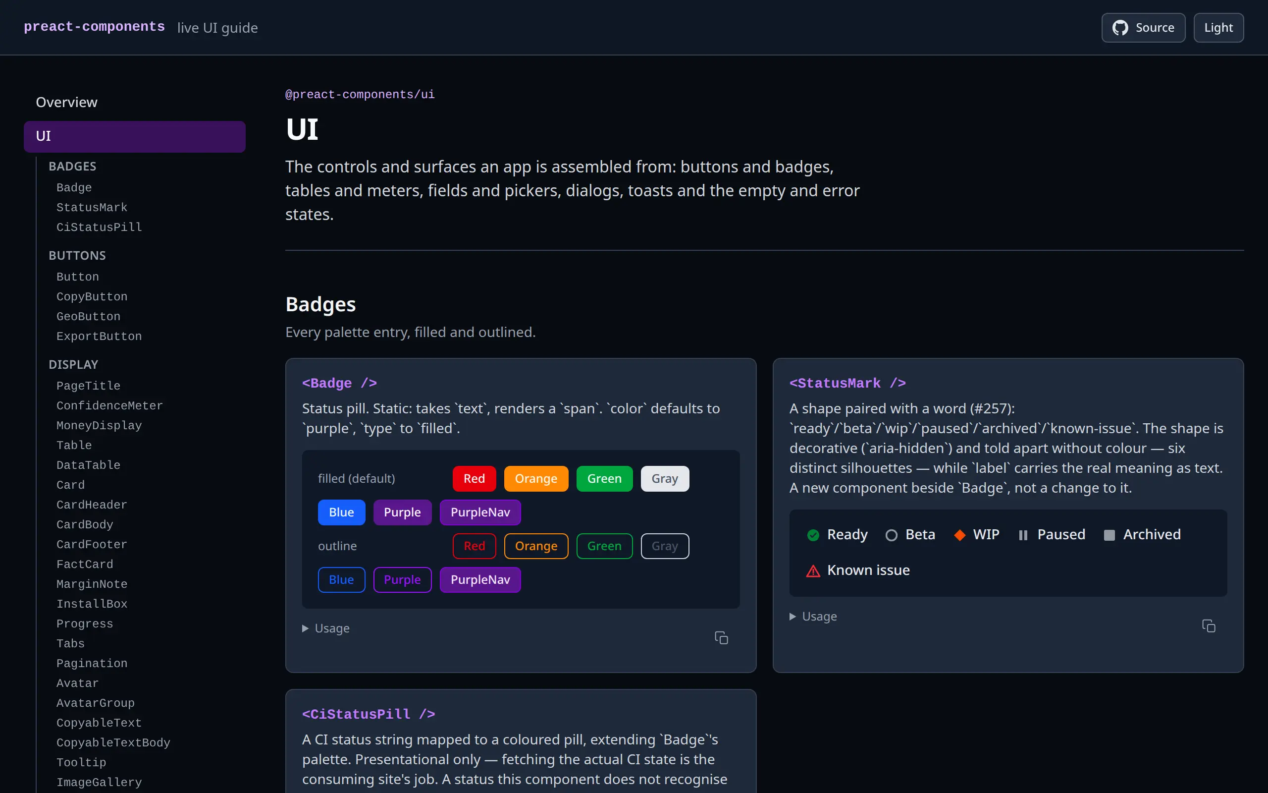 The UI package's page in the opt-in ink dark palette: the side navigation lists the UI components by group, the Badge and StatusMark cards show their live examples, and the CiStatusPill card's description starts below them.