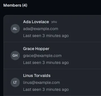 A group's member list: Ada Lovelace (you), Grace Hopper and Linus Torvalds, each with an e-mail address and when they were last seen.