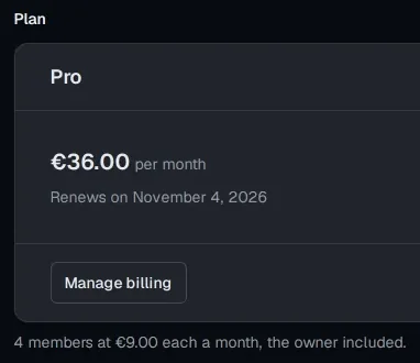 A group's plan card: Pro, 36 euros a month, renewing on 4 November 2026, a Manage billing button, and the line: 4 members at 9 euros each a month, the owner included.