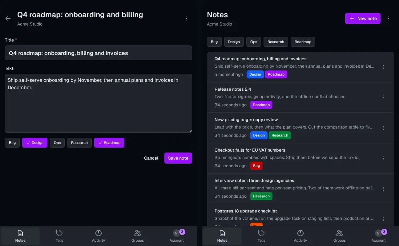 Two phones side by side: on the left a note is edited and its title changed to Q4 roadmap: onboarding, billing and invoices; on the right the notes list of the same group shows that note at the top, updated a moment ago.