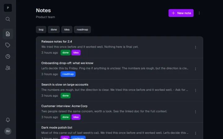 Seed's demo app in the dark theme: the Notes page of the group Product team, with tag filters and notes such as Release notes for 2.4.