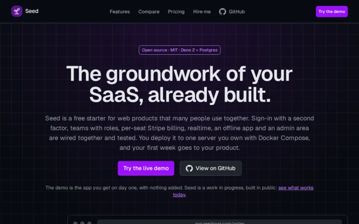 The seedsaas.com home page: the headline The groundwork of your SaaS, already built, with Try the live demo and View on GitHub buttons.