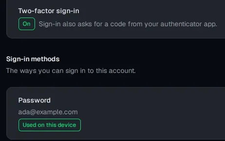 The profile's security settings: two-factor sign-in turned on with a code from an authenticator app, and the account's sign-in methods with its password.